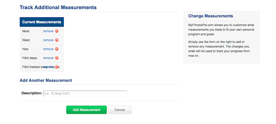 myfitnesspal track additional measurements